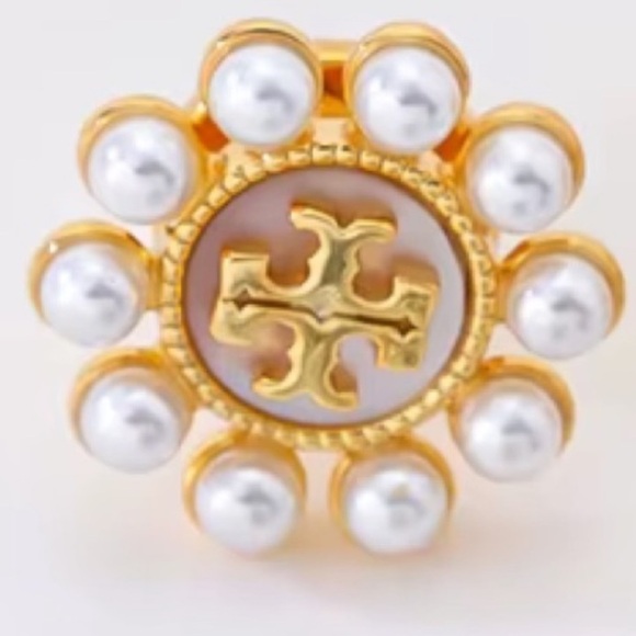 TORY BURCH GOLD LOGO PEARL EMBELLISHED STUD EARRINGS - Picture 3 of 6